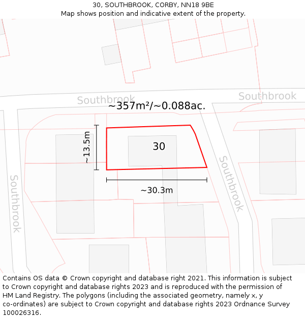 30, SOUTHBROOK, CORBY, NN18 9BE: Plot and title map