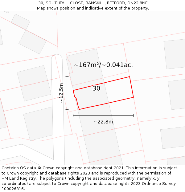 30, SOUTHFALL CLOSE, RANSKILL, RETFORD, DN22 8NE: Plot and title map