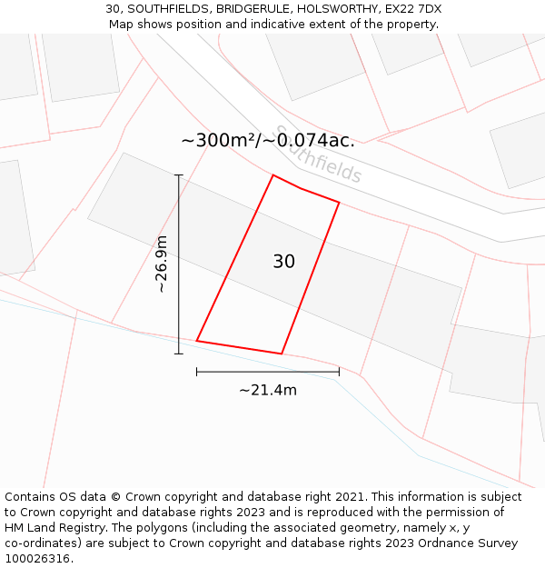 30, SOUTHFIELDS, BRIDGERULE, HOLSWORTHY, EX22 7DX: Plot and title map