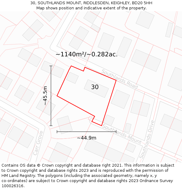 30, SOUTHLANDS MOUNT, RIDDLESDEN, KEIGHLEY, BD20 5HH: Plot and title map