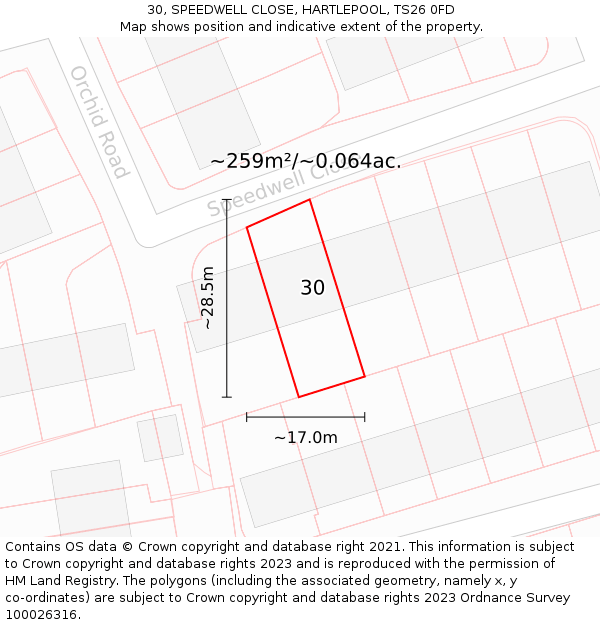 30, SPEEDWELL CLOSE, HARTLEPOOL, TS26 0FD: Plot and title map