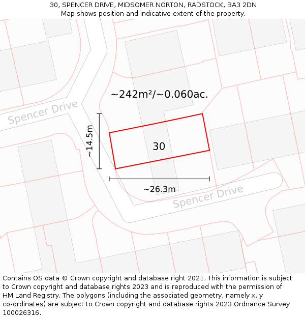 30, SPENCER DRIVE, MIDSOMER NORTON, RADSTOCK, BA3 2DN: Plot and title map