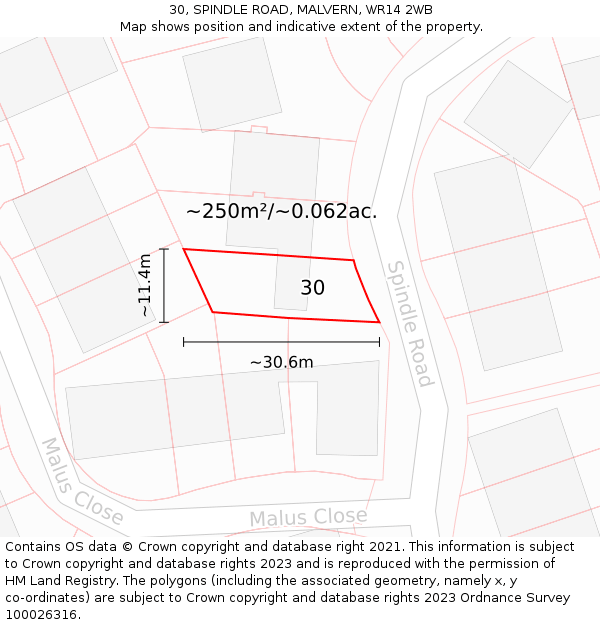 30, SPINDLE ROAD, MALVERN, WR14 2WB: Plot and title map