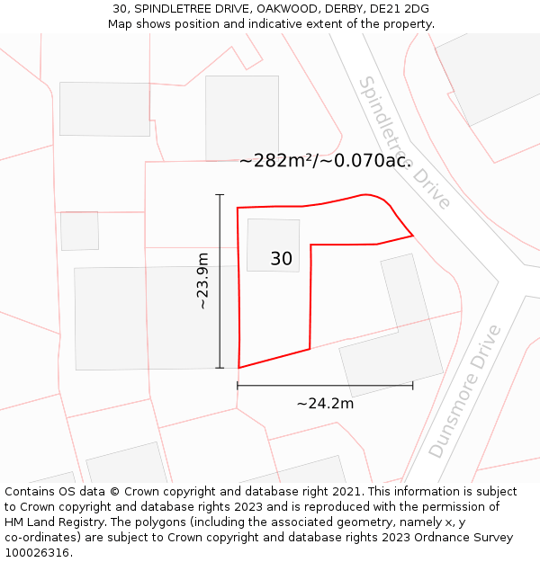 30, SPINDLETREE DRIVE, OAKWOOD, DERBY, DE21 2DG: Plot and title map