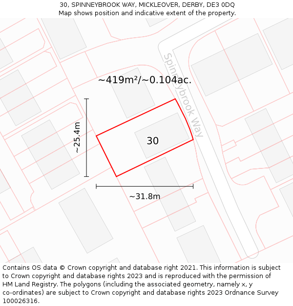 30, SPINNEYBROOK WAY, MICKLEOVER, DERBY, DE3 0DQ: Plot and title map