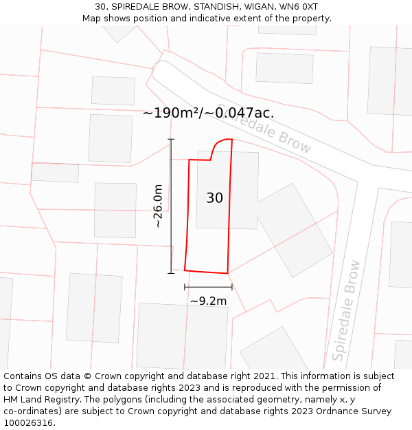 30, SPIREDALE BROW, STANDISH, WIGAN, WN6 0XT: Plot and title map