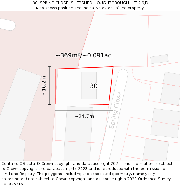 30, SPRING CLOSE, SHEPSHED, LOUGHBOROUGH, LE12 9JD: Plot and title map