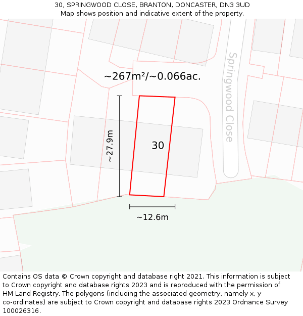30, SPRINGWOOD CLOSE, BRANTON, DONCASTER, DN3 3UD: Plot and title map