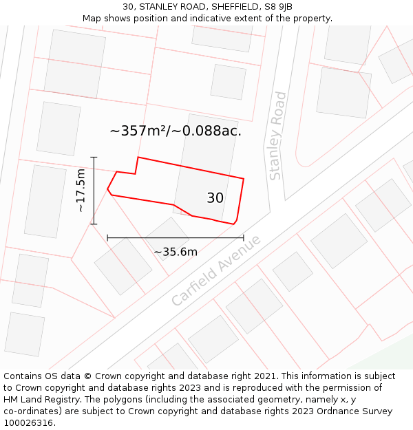 30, STANLEY ROAD, SHEFFIELD, S8 9JB: Plot and title map
