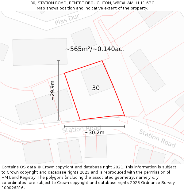 30, STATION ROAD, PENTRE BROUGHTON, WREXHAM, LL11 6BG: Plot and title map