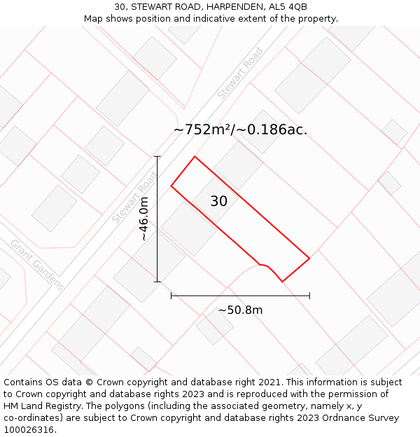 30, STEWART ROAD, HARPENDEN, AL5 4QB: Plot and title map