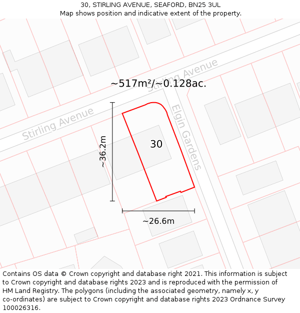 30, STIRLING AVENUE, SEAFORD, BN25 3UL: Plot and title map