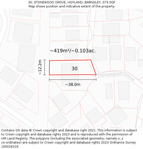 30, STONEWOOD GROVE, HOYLAND, BARNSLEY, S74 0QF: Plot and title map