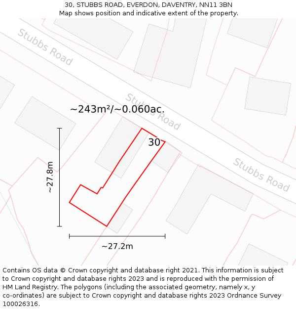 30, STUBBS ROAD, EVERDON, DAVENTRY, NN11 3BN: Plot and title map