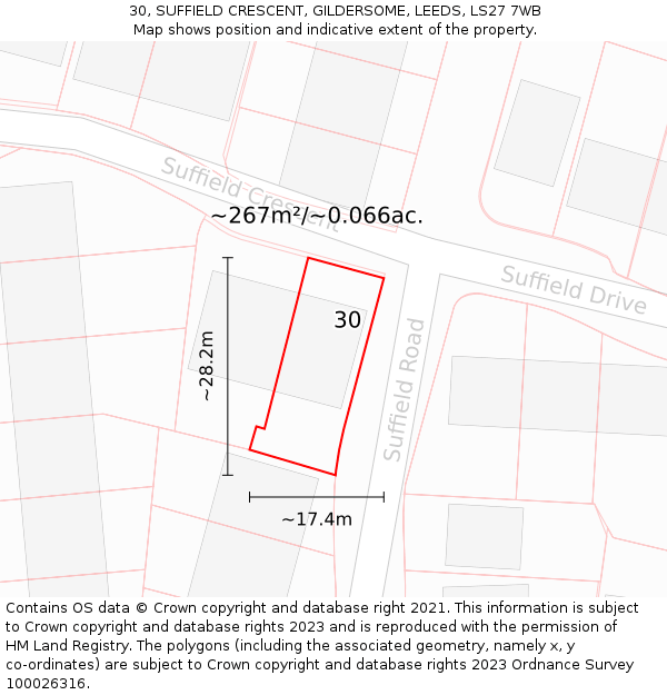 30, SUFFIELD CRESCENT, GILDERSOME, LEEDS, LS27 7WB: Plot and title map