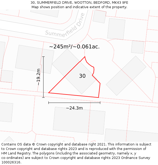 30, SUMMERFIELD DRIVE, WOOTTON, BEDFORD, MK43 9FE: Plot and title map