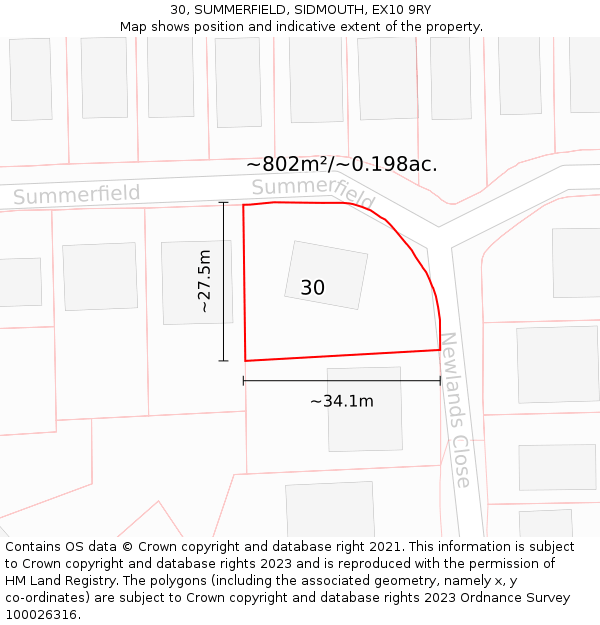 30, SUMMERFIELD, SIDMOUTH, EX10 9RY: Plot and title map