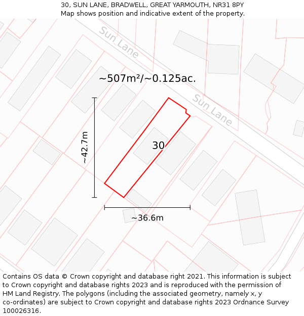 30, SUN LANE, BRADWELL, GREAT YARMOUTH, NR31 8PY: Plot and title map