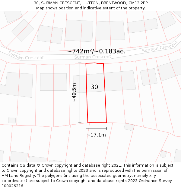 30, SURMAN CRESCENT, HUTTON, BRENTWOOD, CM13 2PP: Plot and title map