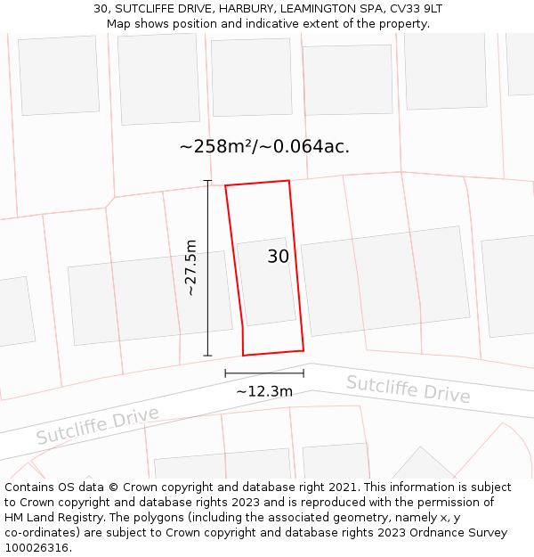 30, SUTCLIFFE DRIVE, HARBURY, LEAMINGTON SPA, CV33 9LT: Plot and title map