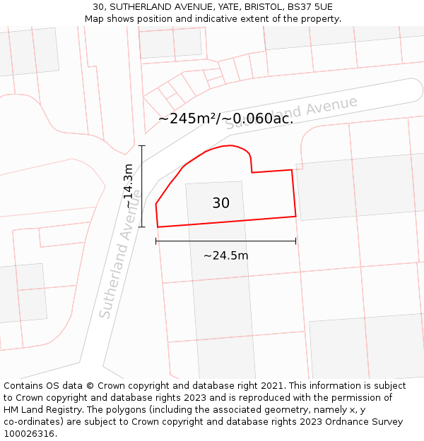 30, SUTHERLAND AVENUE, YATE, BRISTOL, BS37 5UE: Plot and title map