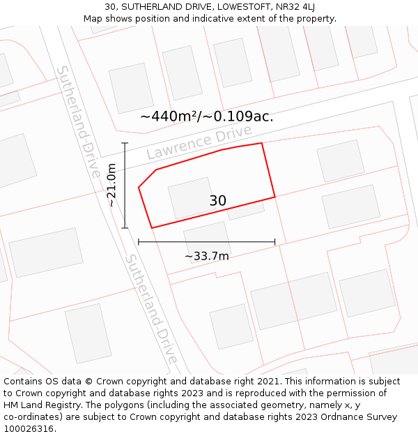 30, SUTHERLAND DRIVE, LOWESTOFT, NR32 4LJ: Plot and title map