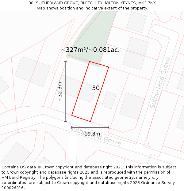 30, SUTHERLAND GROVE, BLETCHLEY, MILTON KEYNES, MK3 7NX: Plot and title map