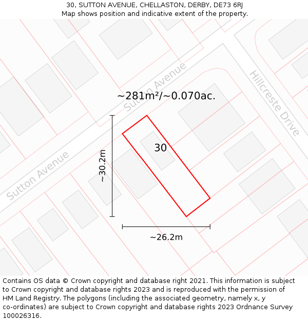 30, SUTTON AVENUE, CHELLASTON, DERBY, DE73 6RJ: Plot and title map