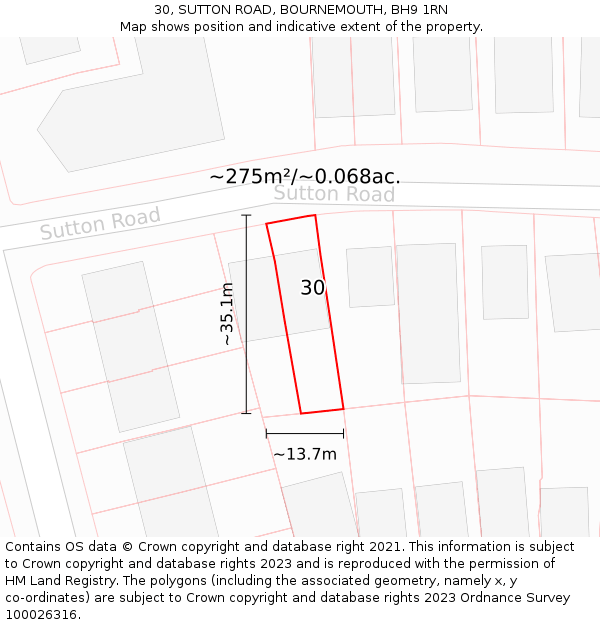30, SUTTON ROAD, BOURNEMOUTH, BH9 1RN: Plot and title map