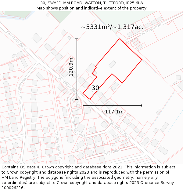 30, SWAFFHAM ROAD, WATTON, THETFORD, IP25 6LA: Plot and title map