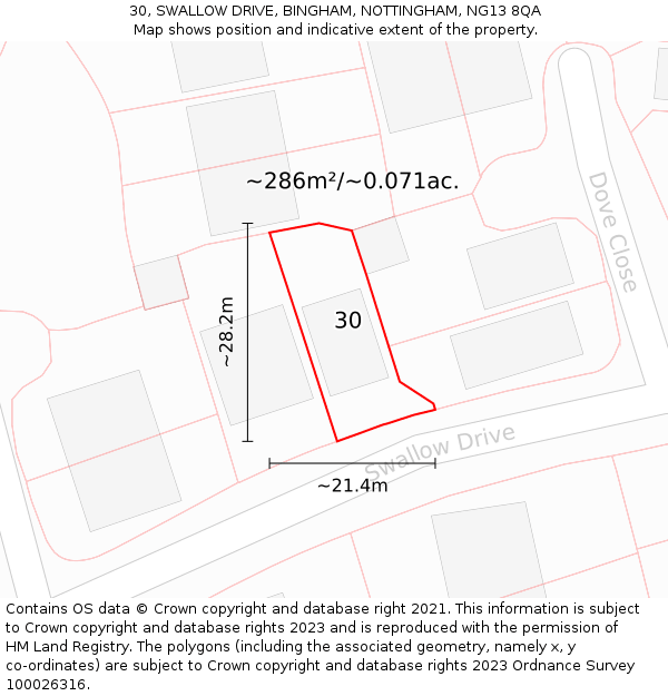 30, SWALLOW DRIVE, BINGHAM, NOTTINGHAM, NG13 8QA: Plot and title map
