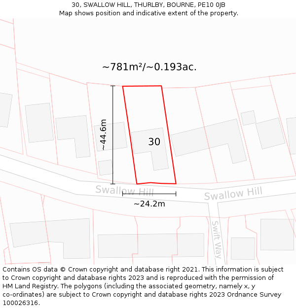 30, SWALLOW HILL, THURLBY, BOURNE, PE10 0JB: Plot and title map