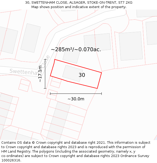 30, SWETTENHAM CLOSE, ALSAGER, STOKE-ON-TRENT, ST7 2XG: Plot and title map