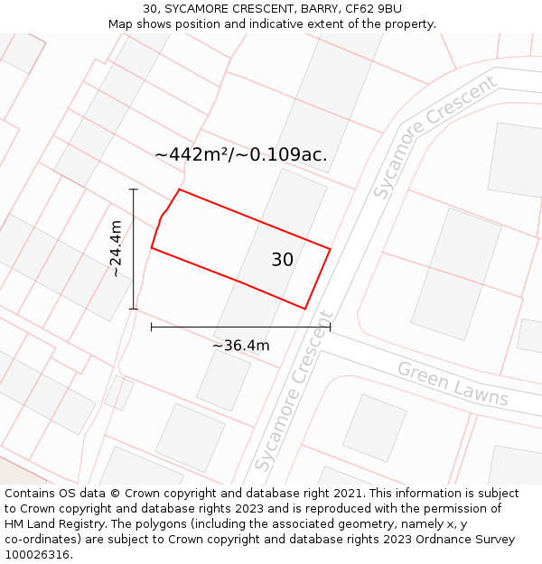 30, SYCAMORE CRESCENT, BARRY, CF62 9BU: Plot and title map