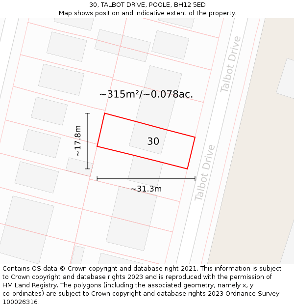 30, TALBOT DRIVE, POOLE, BH12 5ED: Plot and title map