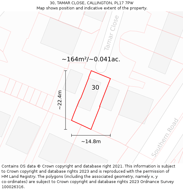 30, TAMAR CLOSE, CALLINGTON, PL17 7PW: Plot and title map