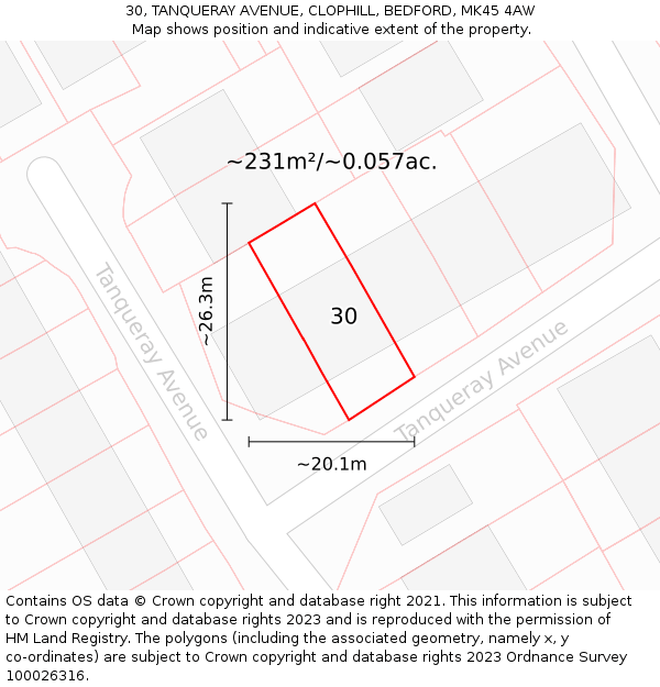 30, TANQUERAY AVENUE, CLOPHILL, BEDFORD, MK45 4AW: Plot and title map