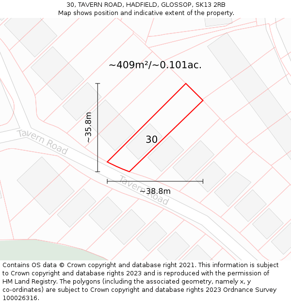 30, TAVERN ROAD, HADFIELD, GLOSSOP, SK13 2RB: Plot and title map