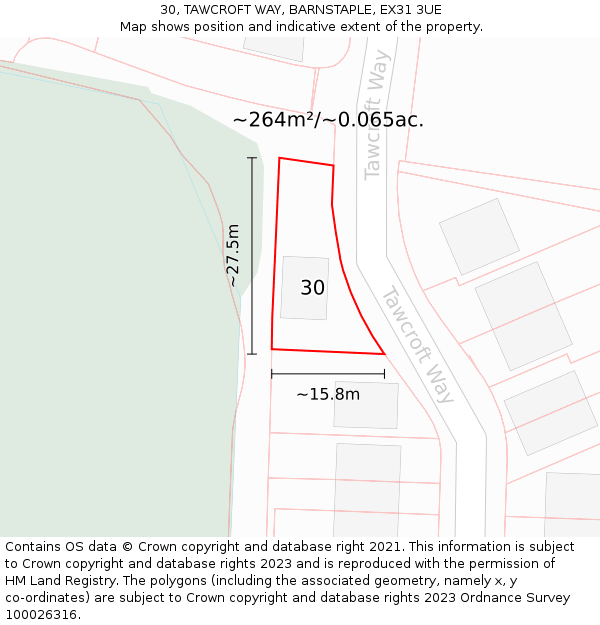 30, TAWCROFT WAY, BARNSTAPLE, EX31 3UE: Plot and title map