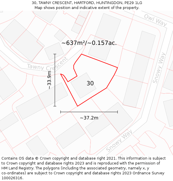 30, TAWNY CRESCENT, HARTFORD, HUNTINGDON, PE29 1LG: Plot and title map