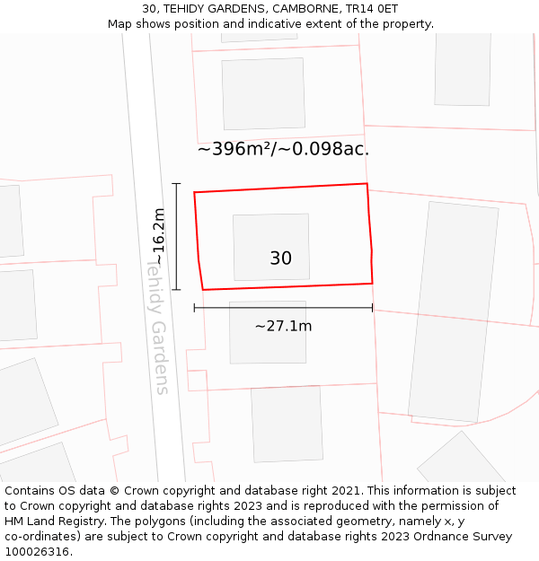 30, TEHIDY GARDENS, CAMBORNE, TR14 0ET: Plot and title map