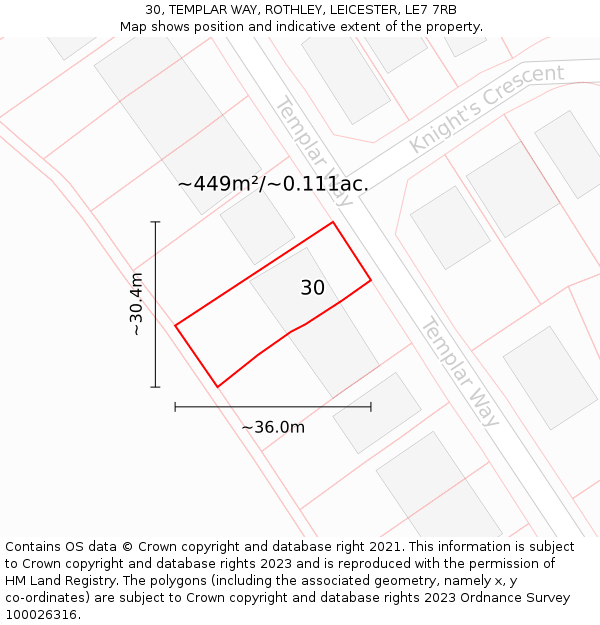 30, TEMPLAR WAY, ROTHLEY, LEICESTER, LE7 7RB: Plot and title map