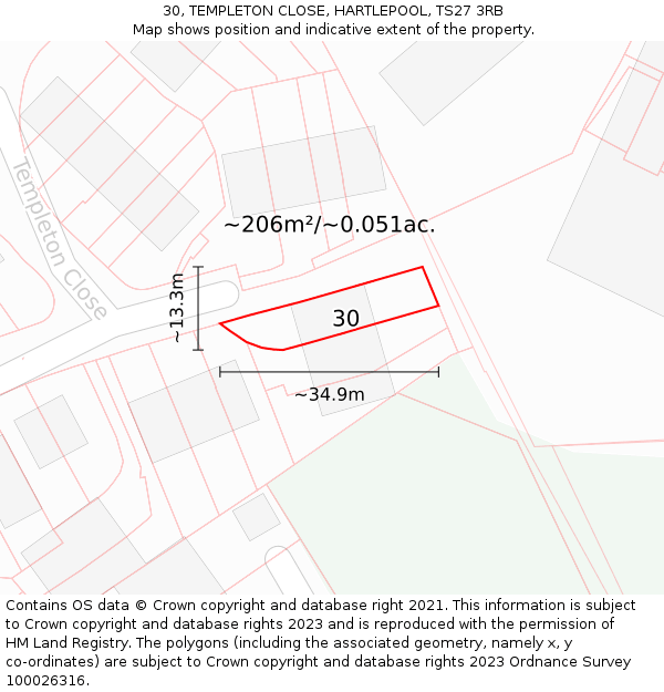 30, TEMPLETON CLOSE, HARTLEPOOL, TS27 3RB: Plot and title map