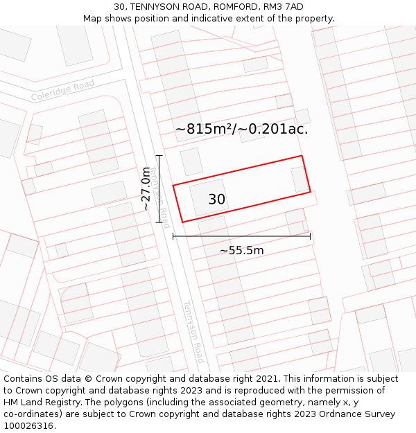 30, TENNYSON ROAD, ROMFORD, RM3 7AD: Plot and title map