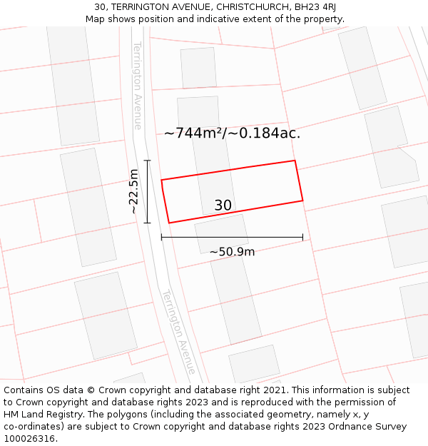 30, TERRINGTON AVENUE, CHRISTCHURCH, BH23 4RJ: Plot and title map