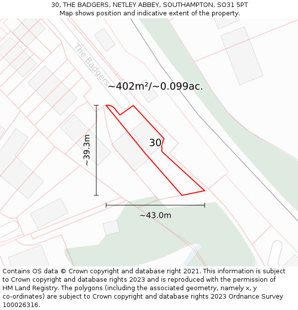 30, THE BADGERS, NETLEY ABBEY, SOUTHAMPTON, SO31 5PT: Plot and title map