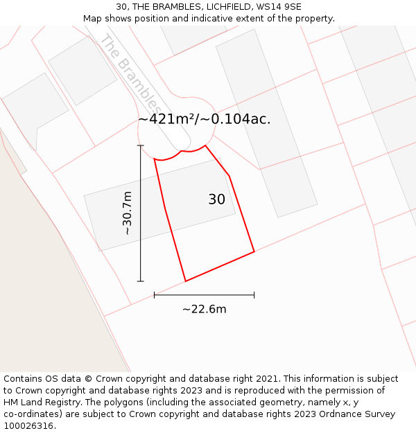 30, THE BRAMBLES, LICHFIELD, WS14 9SE: Plot and title map