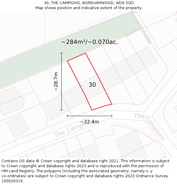 30, THE CAMPIONS, BOREHAMWOOD, WD6 5QD: Plot and title map