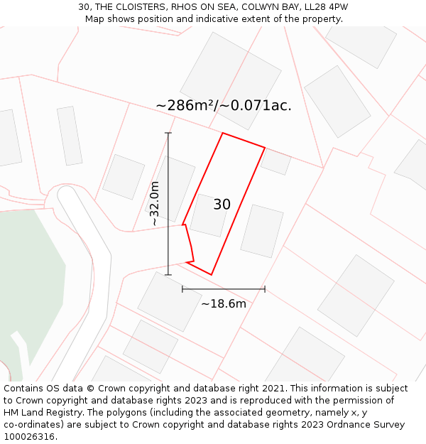 30, THE CLOISTERS, RHOS ON SEA, COLWYN BAY, LL28 4PW: Plot and title map