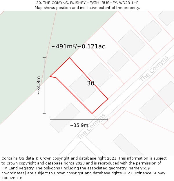 30, THE COMYNS, BUSHEY HEATH, BUSHEY, WD23 1HP: Plot and title map